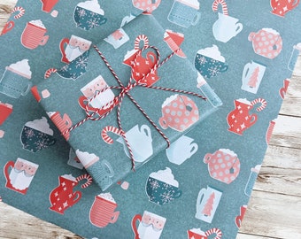 Papier cadeau rétro pour tasses de Noël | Emballage cadeau de Noël recyclé et respectueux de l'environnement | Feuille pliée A2