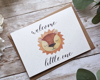 Welcome Little One | Cute Lion New Baby Card | Hand Painted Watercolour Calligraphy | A6 Blank Card | Eco Friendly Plastic Free Card