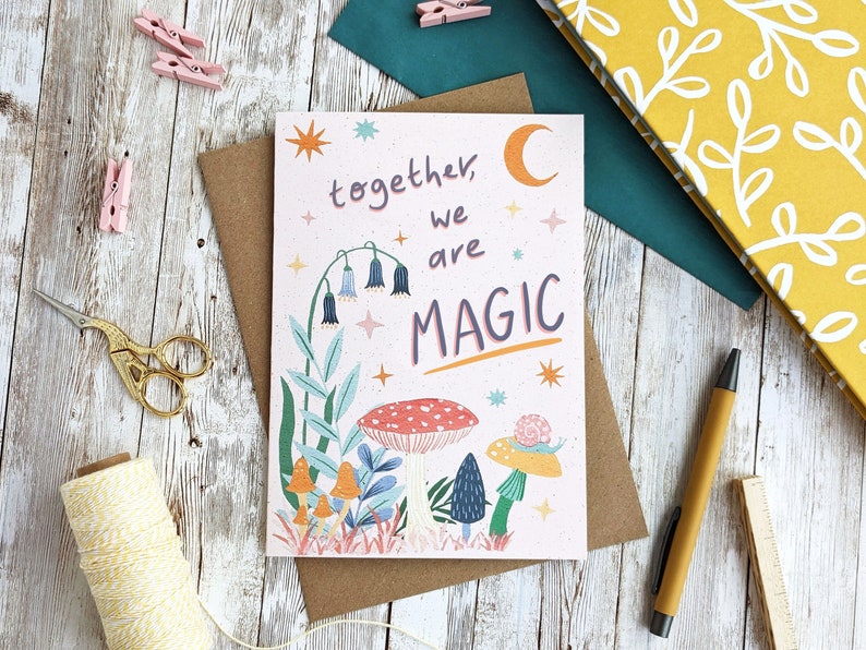 Together We Are Magic Mystic Celestial Mushrooms Valentines Anniversary Card Moon Stars A6 or A5 Blank Card Eco Friendly image 1
