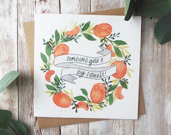 Sending You A Big Squeeze Card | Hand Painted Watercolour Orange Wreath | Square Blank Card | Eco Friendly Plastic Free Card