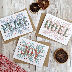 Cartoline di Natale Joy Peace Noel / Confezione da 3, 6, 9 o 12 / Arte popolare dipinta a mano / Biglietto vuoto A6 / Senza plastica