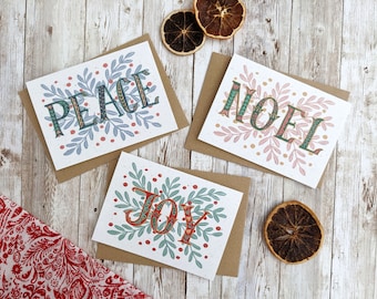 Joy Peace Noel Christmas Cards | Pack of 3, 6, 9 or 12 | Hand Painted Folk Art | A6 Blank Card | Plastic Free