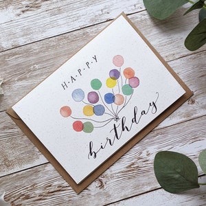 Carte de joyeux anniversaire de bouquet de ballons aquarelle | Carte vierge A6 ou A5 | Peint et lettré à la main | Carte écologique sans plastique