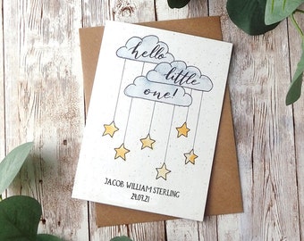 Hello Little One | Personalised New Baby Card | Clouds and Stars | Watercolour Calligraphy | A6 or A5 Blank Card | Eco Friendly