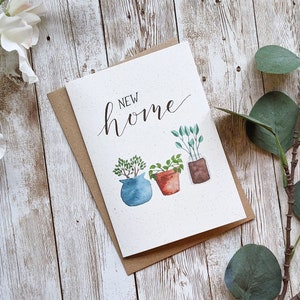 Zimmerpflanzen Neues Zuhause Karte | Aquarell-Kalligrafie-Design | Einweihungs-Umzugskarte | Umweltfreundliche recycelte Grußkarte