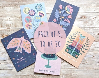Folk Birthday Card Multipack | Pack of 5, 10 or 20 | Scandi Inspired Designs | A6 Blank Cards | Eco Friendly Plastic Free Greetings Cards