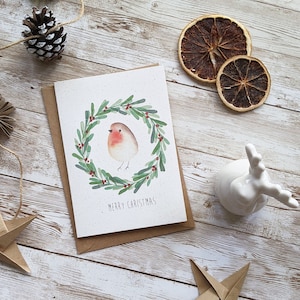 Joyeux Noël Robin Carte de couronne | Aquarelle peinte à la main | Carte individuelle ou paquet de 5 | Carte vierge A6 | Cartes écologiques sans plastique