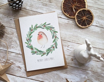 Cartão de Feliz Natal com Coroa de Robin | Aquarela Pintada à Mão | Cartão Único ou Pacote de 5 | Cartão A6 em Branco | Cartões Ecológicos Sem Plástico