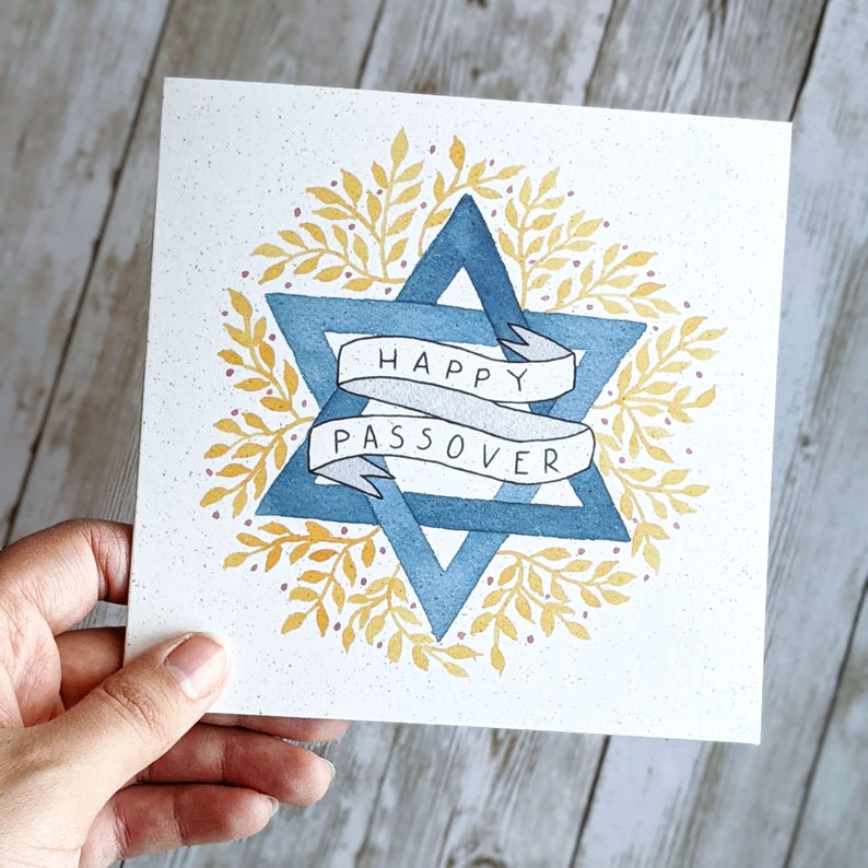 Happy Passover Card Jewish Holiday Card Pesach Hand Painted Watercolour Design Square Blank Card Eco Friendly Plastic Free Card image 2