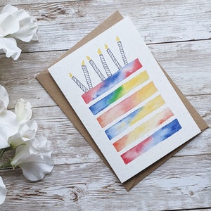 Regenboog verjaardagstaart kaart | Enkel of 5-pack | Handgeschilderd aquarelontwerp | A6 of A5 blanco kaart | Eco-vriendelijke plastic gratis kaart