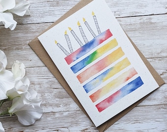 Rainbow Birthday Cake Card | Single or 5 Pack | Hand Painted Watercolour Design | A6 or A5 Blank Card | Eco Friendly Plastic Free Card