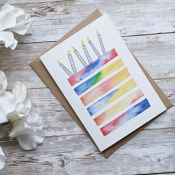 Rainbow Birthday Cake Card | Single or 5 Pack | Hand Painted Watercolour Design | A6 or A5 Blank Card | Eco Friendly Plastic Free Card