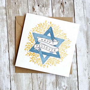 Happy Passover Card Jewish Holiday Card Pesach Hand Painted Watercolour Design Square Blank Card Eco Friendly Plastic Free Card image 1