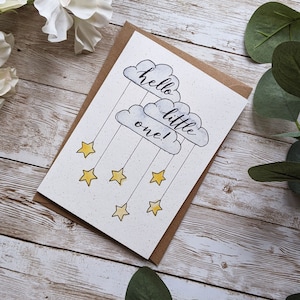 Hello Little One | Clouds Stars New Baby Card | Hand Painted Watercolour Calligraphy | A6 or A5 Blank Card | Eco Friendly Plastic Free Card