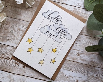 Hello Little One | Clouds Stars New Baby Card | Hand Painted Watercolour Calligraphy | A6 or A5 Blank Card | Eco Friendly Plastic Free Card