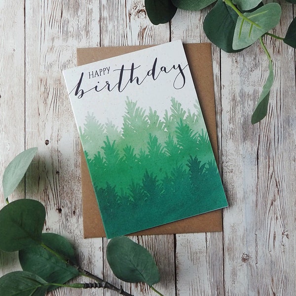 Watercolour Forest Happy Birthday Card | 1 or 5 Pack | Hand Painted Watercolour Design | A6 or A5 Blank Card | Eco Friendly Plastic Free