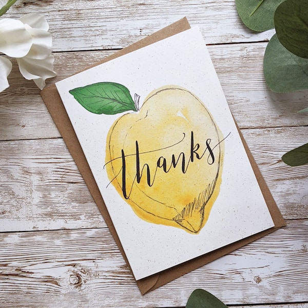 Watercolour Lemon Thanks Card | Single or Pack of 5 | Hand Painted Watercolour Calligraphy | A6 or A5 Blank Card | Eco Friendly Plastic Free