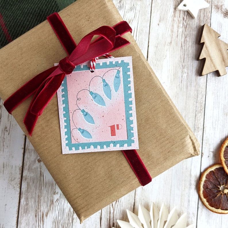 Pu&ograve; includere: Un sacchetto regalo di carta marrone con un nastro di velluto rosso e un'etichetta di luci di Natale rosa e blu che dice "1p".