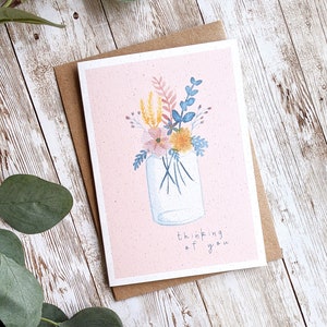 Je pense à vous | Aquarelle peinte à la main de fleurs sauvages | Carte vierge A6 ou A5 | Carte écologique sans plastique