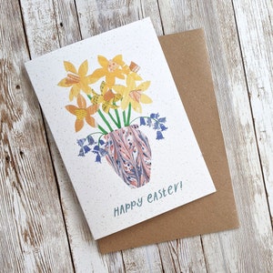 Cartão feliz dos Daffodils de Easter de <br> Entrega Rápida? Arte de colagem em aquarela | Primavera flores narcisos bluebells | Cartão vazio A6 | Plástico ecológico grátis