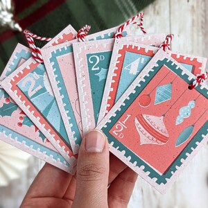 Etiquettes cadeaux pour timbres de Noël Mid-Century rétro | Étiquettes écologiques pour cadeaux de Noël sans plastique