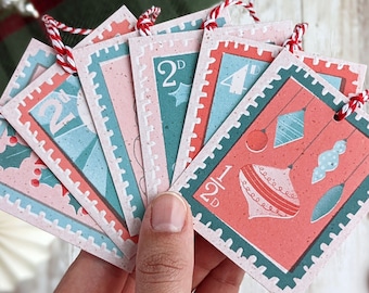 Retro Midcentury Christmas Stamps Gift Tags | Eco Friendly Plastic Free Christmas Present Labels