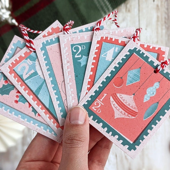 Retro Midcentury Christmas Stamps Gift Tags | Eco Friendly Plastic Free Christmas Present Labels
