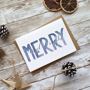 Biglietto di Natale allegro e luminoso / Calligrafia ad acquerello dipinto a mano / Singolo o confezione da 5 / Biglietto vuoto A6 / Senza plastica ecologica