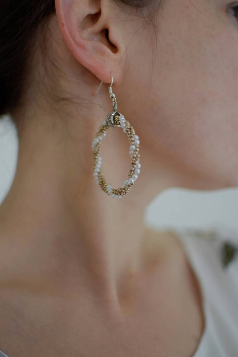 gift for her idea Hoop gold/&white earrings for wedding or holiday Bridesmaid jewelry Beaded earrings with pearl imitation beads