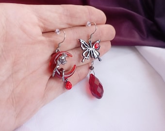 Tgcf Hua Cheng mismatched butterfly earrings. Heaven Officials Blessing inspired red silver jewelry