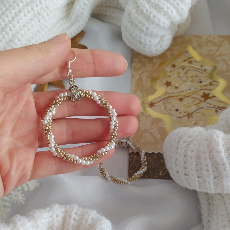 gift for her idea Hoop gold/&white earrings for wedding or holiday Bridesmaid jewelry Beaded earrings with pearl imitation beads