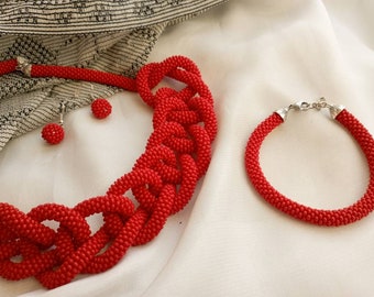 Long red beaded necklace. Jewelry set. Art deco handmade jewelry. Gift for her, gift for mom
