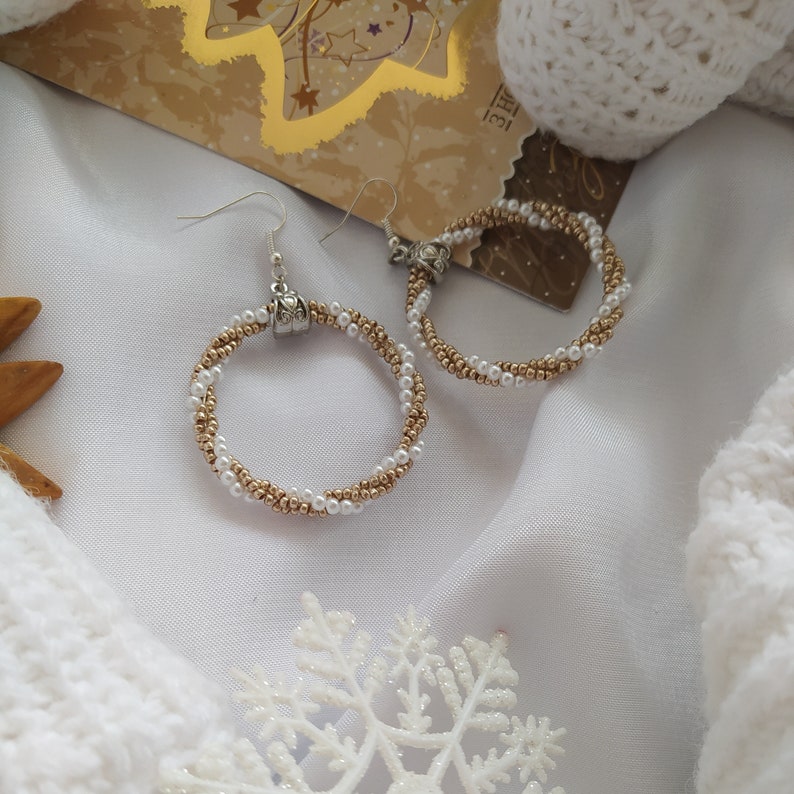 gift for her idea Hoop gold/&white earrings for wedding or holiday Bridesmaid jewelry Beaded earrings with pearl imitation beads
