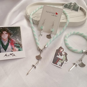 Svsss inspired jewelry set: Shen Qingqiu fan&sword earrings, bracelet and necklace