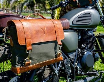 Motorcycle Side Bag, Motorcycle Bag, Daily Use Bag, Leather - Waxed Canvas, Waterproof saddlebag, Green
