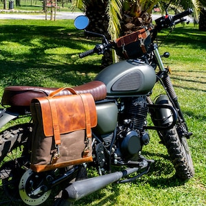 Motorcycle Side Bag, Daily Backpack Use Bag, Leather Waxed Canvas Waterproof saddlebag, Brown