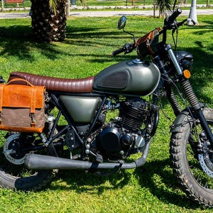 Motorcycle Side Bag, Leather and Waxed Canvas, Waterproof saddlebag, Brown