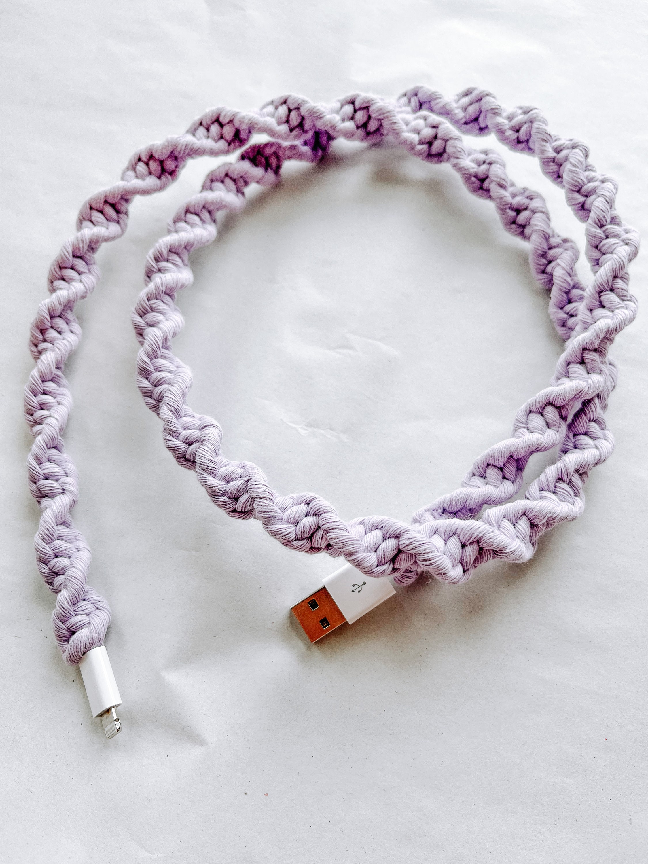 Macrame Phone Charger / Sustainable Boho iPhone / Eco-Friendly Samsung Power Cord/ Recycled Cotton / Lilac Color
