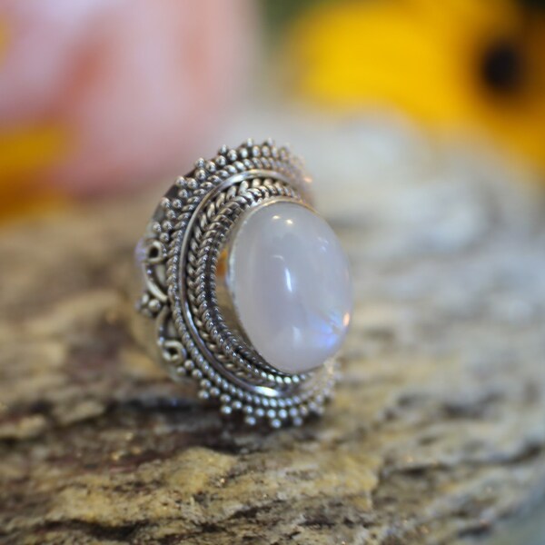 Bague Imposante Pierre De Lune Iridescente Et Argent 925 - Neuf Avec étiquettes