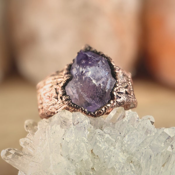 Bague en cuivre électroformé avec améthyste brute, pour homme et femme style bohème