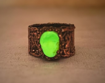 Anel de cobre eletroformado com vidro fosco transparente e fluorescente, para mulheres e homens, estilo boho.