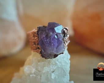 Electroformed copper ring with raw amethyst, for men and women boho style