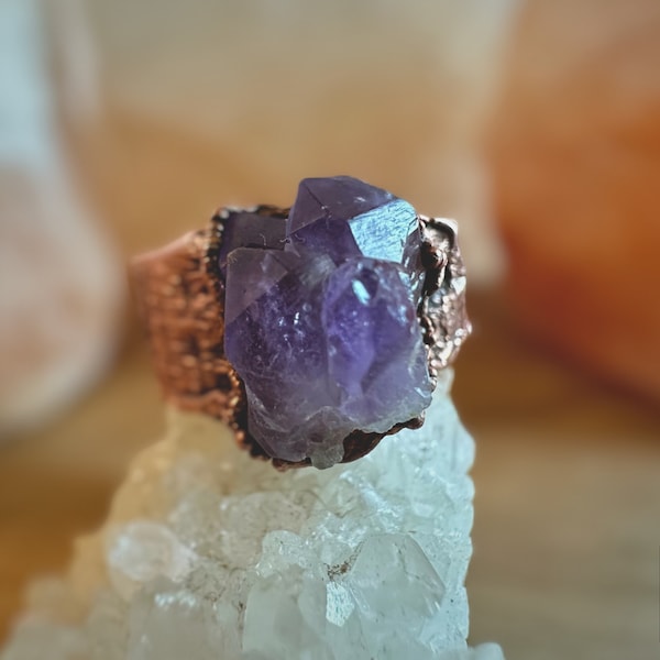 Electroformed copper ring with raw amethyst, for men and women boho style