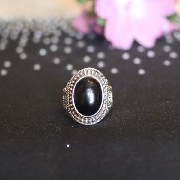 Bague, argent 925, ónix, noir, pierre naturelle.