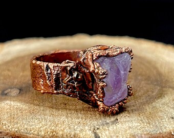 Bague en cuivre électroformé avec améthyste brute, pour homme et femmes style bohème