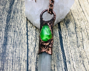 Electroformed copper pendant with frosted glass selenite stick, for women and men boho style.