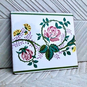Art nouveau 100 year old vintage tile. Hand painted wall art from Spain. Salvaged majolica tile with pink flowers. Arts and crafts decor