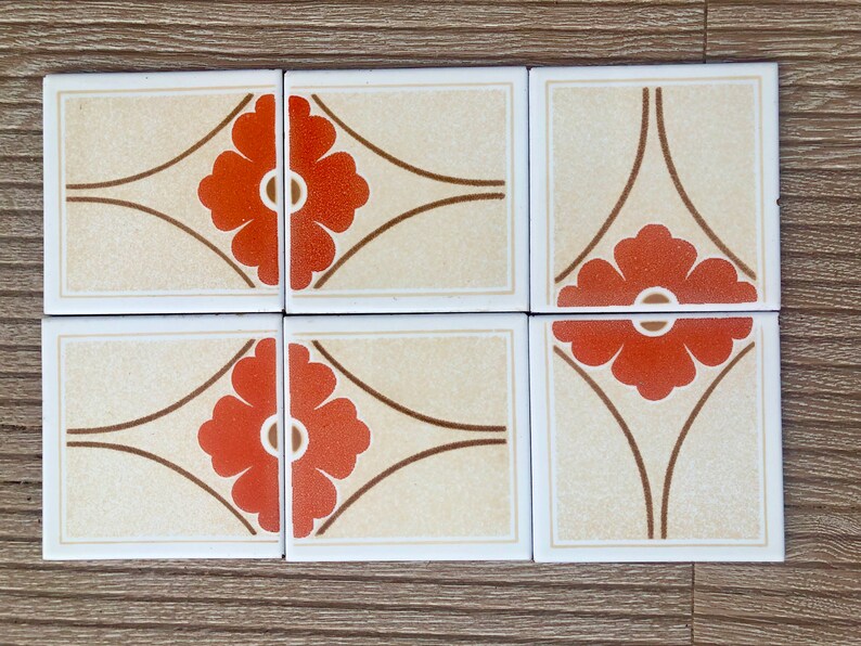 60s 70s Spanish vintage retro tiles – pop art orange geometric MCM backsplash — set of 6, photo 5 of 9