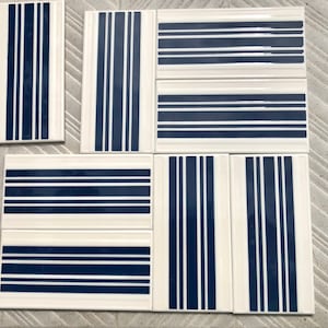 Spanish 60s 70s vintage tiles UNUSED. 8 pc navy blue, white, pop art tiles. Geometric 70s MCM wall decor, mid century backsplash tiles