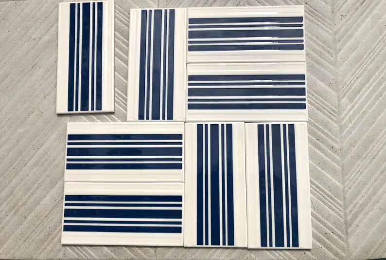 Spanish 60s 70s vintage tiles Unused – 8 pc navy blue, white, pop art tiles, photo 1 of 10